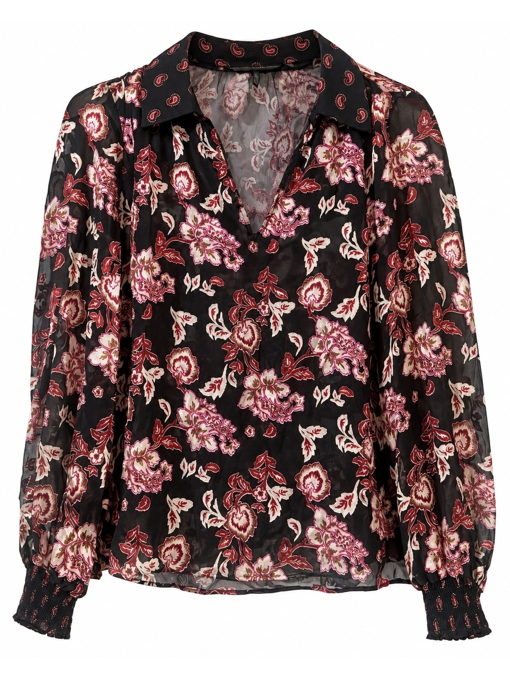 White House Black Market Sheer Floral Blouse with Smocked Cuffs - Size S